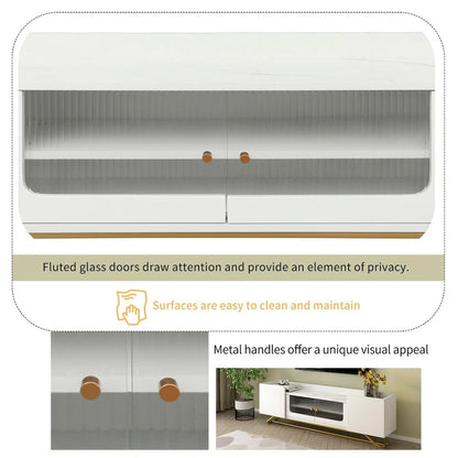 TV Stand with Fluted Glass,Entertainment Center for TVs Up to 70,Faux Marble Top TV Console Table with Gold Frame Base