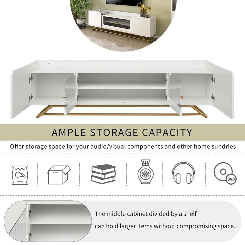 TV Stand with Fluted Glass,Entertainment Center for TVs Up to 70,Faux Marble Top TV Console Table with Gold Frame Base