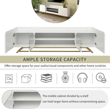 TV Stand with Fluted Glass,Entertainment Center for TVs Up to 70,Faux Marble Top TV Console Table with Gold Frame Base