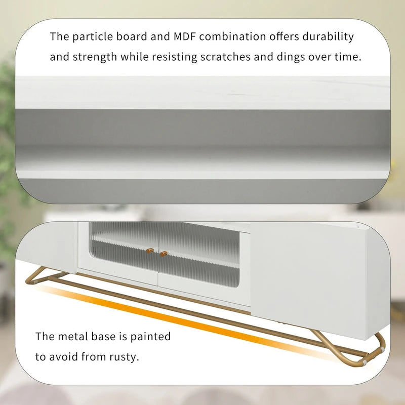 TV Stand with Fluted Glass,Entertainment Center for TVs Up to 70,Faux Marble Top TV Console Table with Gold Frame Base