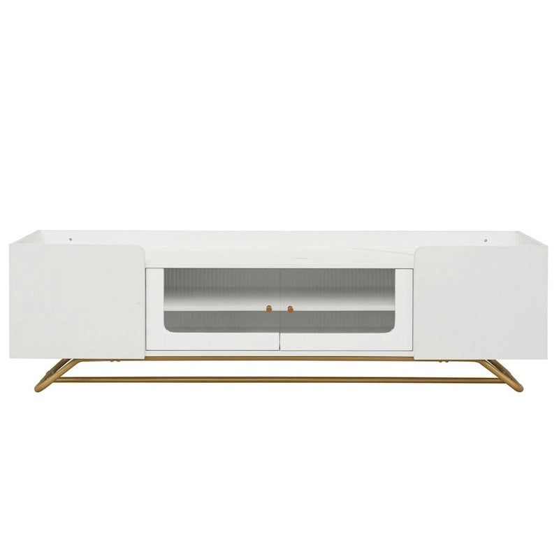 TV Stand with Fluted Glass,Entertainment Center for TVs Up to 70,Faux Marble Top TV Console Table with Gold Frame Base