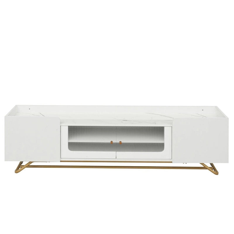 TV Stand with Fluted Glass,Entertainment Center for TVs Up to 70,Faux Marble Top TV Console Table with Gold Frame Base