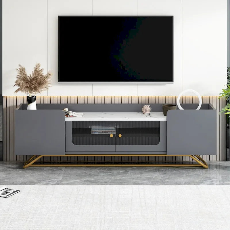 TV Stand with Fluted Glass,Entertainment Center for TVs Up to 70,Faux Marble Top TV Console Table with Gold Frame Base
