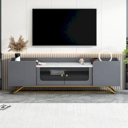 TV Stand with Fluted Glass,Entertainment Center for TVs Up to 70,Faux Marble Top TV Console Table with Gold Frame Base