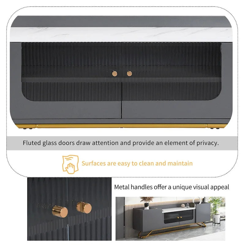 TV Stand with Fluted Glass,Entertainment Center for TVs Up to 70,Faux Marble Top TV Console Table with Gold Frame Base