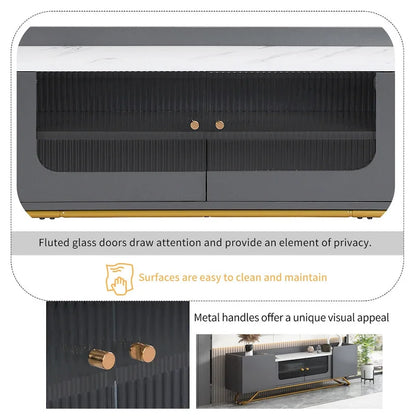 TV Stand with Fluted Glass,Entertainment Center for TVs Up to 70,Faux Marble Top TV Console Table with Gold Frame Base