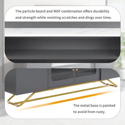 TV Stand with Fluted Glass,Entertainment Center for TVs Up to 70,Faux Marble Top TV Console Table with Gold Frame Base