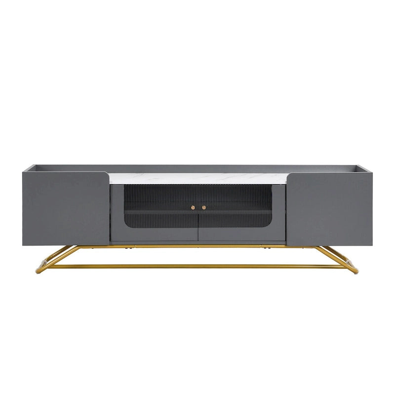 TV Stand with Fluted Glass,Entertainment Center for TVs Up to 70,Faux Marble Top TV Console Table with Gold Frame Base