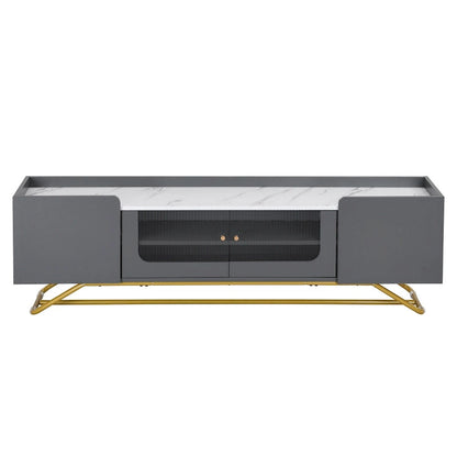 TV Stand with Fluted Glass,Entertainment Center for TVs Up to 70,Faux Marble Top TV Console Table with Gold Frame Base