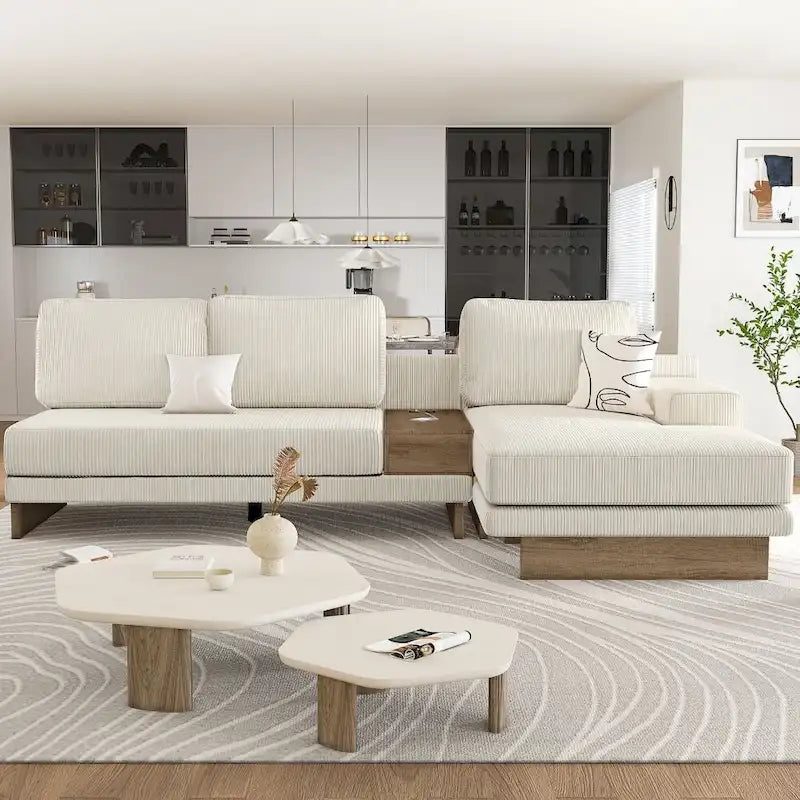 L-shaped Sofa Sectional Sofa with Two USB Ports and Two Power Sockets, a Storage Drawer and a Reversible Chaise Lounge