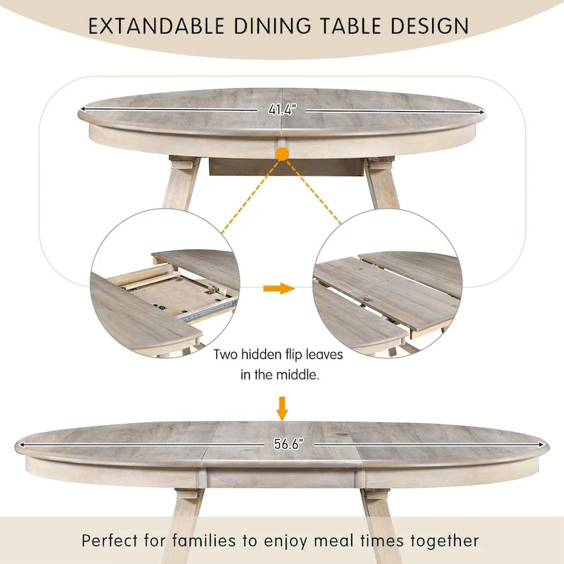 Retro Wood Dining Table Round Extendable Dining Table for Dining Room
