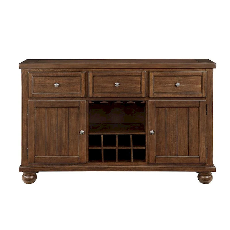 3 Drawers and 2 Doors Wooden Server with Wine Storage in Walnut