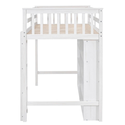 Twin Size Wood Loft Bed w/ 8 Open Storage Shelves and Built-in Ladder