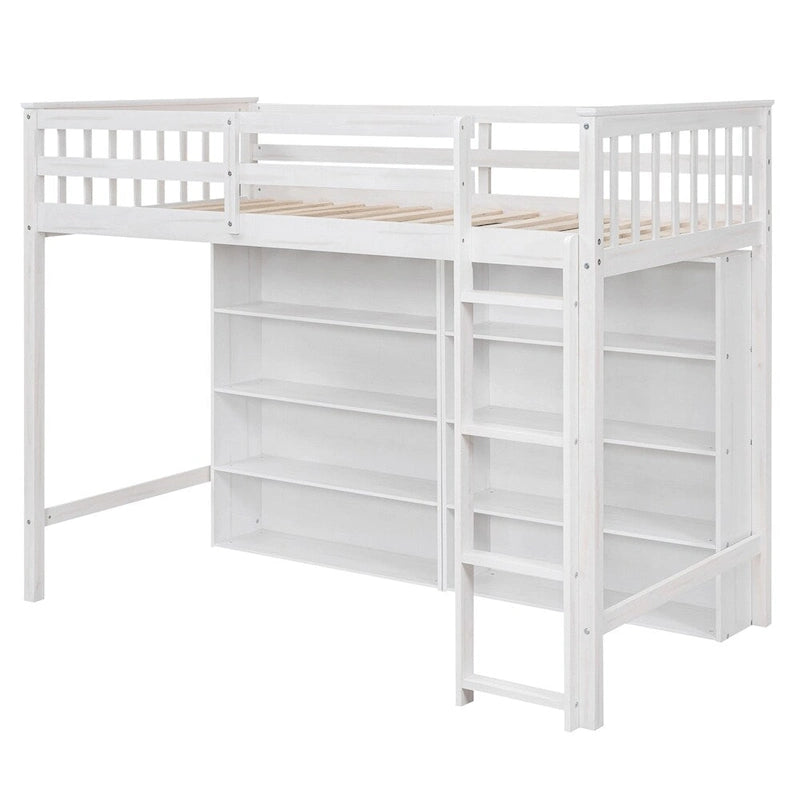 Twin Size Wood Loft Bed w/ 8 Open Storage Shelves and Built-in Ladder