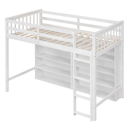 Twin Size Wood Loft Bed w/ 8 Open Storage Shelves and Built-in Ladder