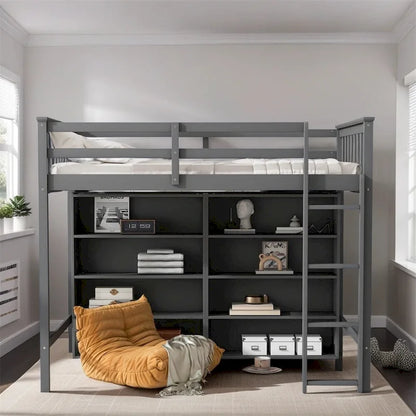 Twin Size Wood Loft Bed w/ 8 Open Storage Shelves and Built-in Ladder