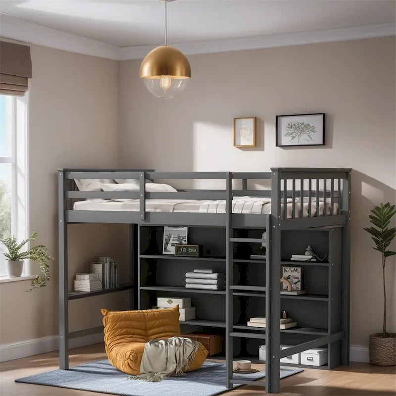 Twin Size Wood Loft Bed w/ 8 Open Storage Shelves and Built-in Ladder