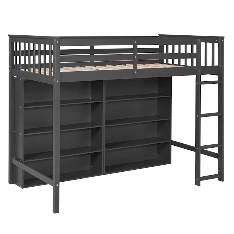 Twin Size Wood Loft Bed w/ 8 Open Storage Shelves and Built-in Ladder