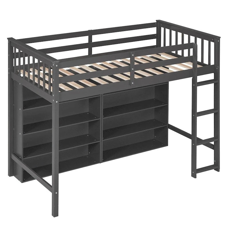 Twin Size Wood Loft Bed w/ 8 Open Storage Shelves and Built-in Ladder
