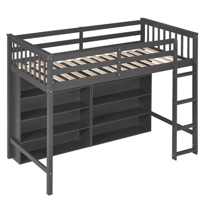 Twin Size Wood Loft Bed w/ 8 Open Storage Shelves and Built-in Ladder