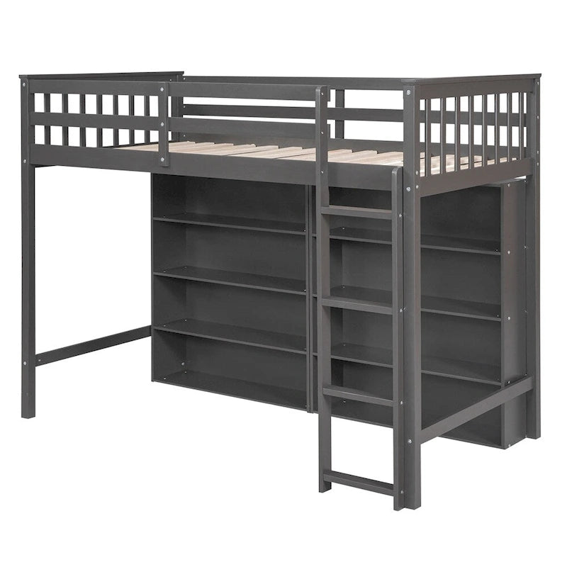 Twin Size Wood Loft Bed w/ 8 Open Storage Shelves and Built-in Ladder