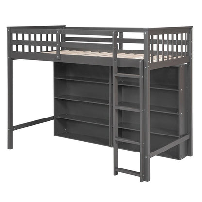 Twin Size Wood Loft Bed w/ 8 Open Storage Shelves and Built-in Ladder