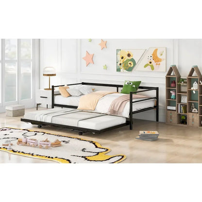 Black Industrial Style Metal Twin Daybed, Adjustable Pop-Up Trundle, Sturdy Frame