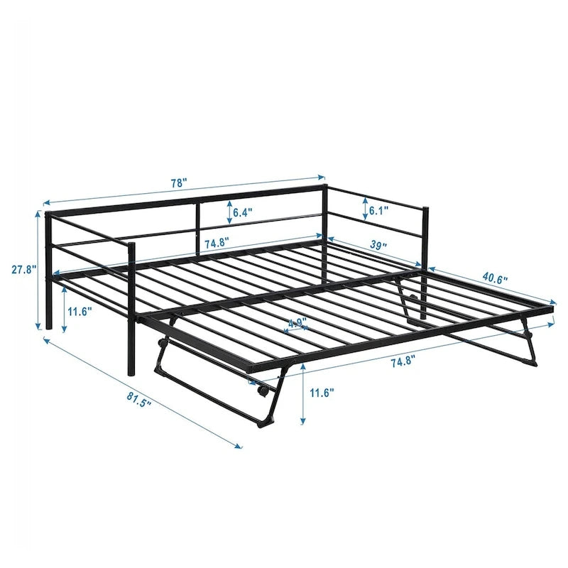 Black Industrial Style Metal Twin Daybed, Adjustable Pop-Up Trundle, Sturdy Frame