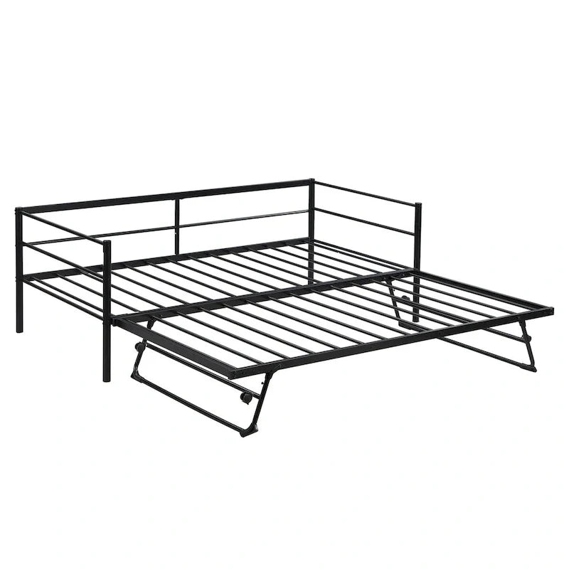Black Industrial Style Metal Twin Daybed, Adjustable Pop-Up Trundle, Sturdy Frame