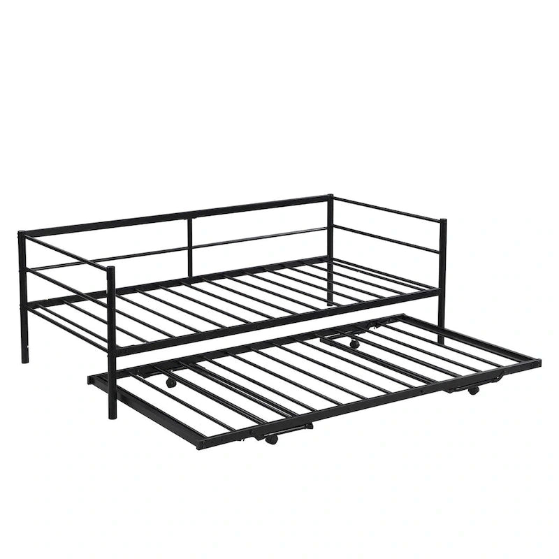 Black Industrial Style Metal Twin Daybed, Adjustable Pop-Up Trundle, Sturdy Frame