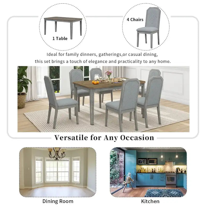 7-Piece Farmhouse Dining Set Classic Rustic Table and 6 high-back design Chairs for Dining Room