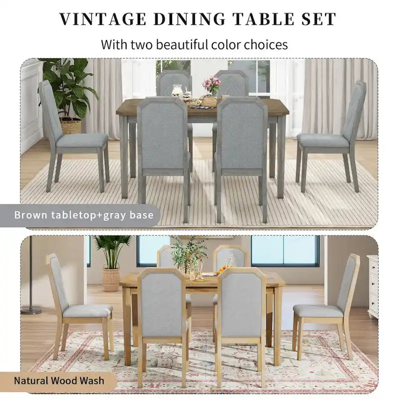 7-Piece Farmhouse Dining Set Classic Rustic Table and 6 high-back design Chairs for Dining Room