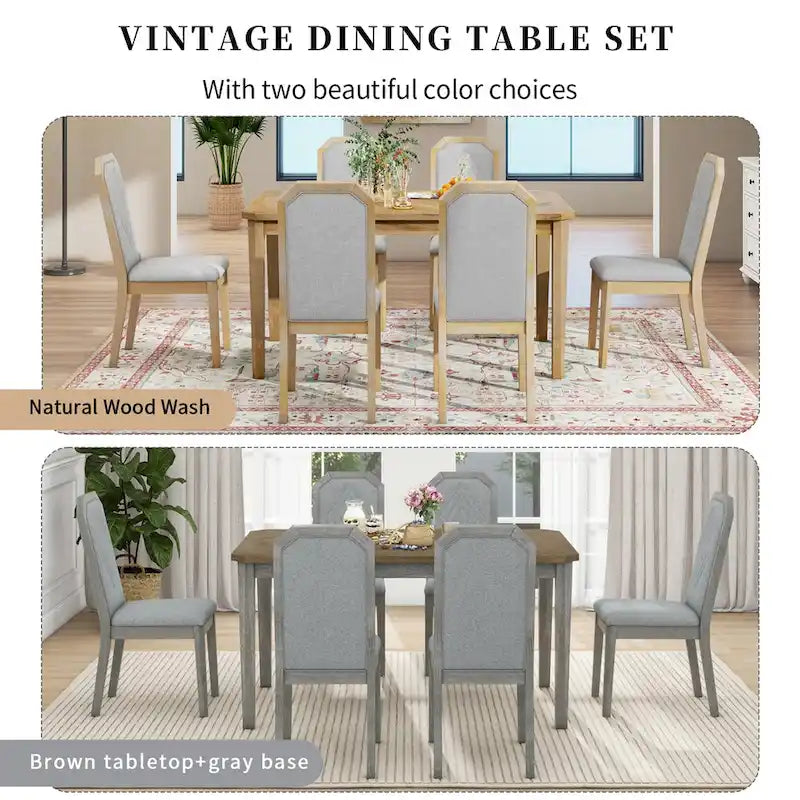 7-Piece Farmhouse Dining Set Classic Rustic Table and 6 high-back design Chairs for Dining Room