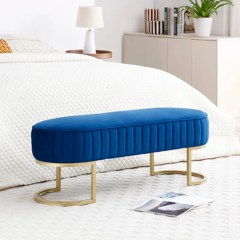 Bench Bedroom Bench ,Velvet Oval Upholstered End of Bed Bench with Golden Metal Legs ,48 Modern Storage Ottoman Bench