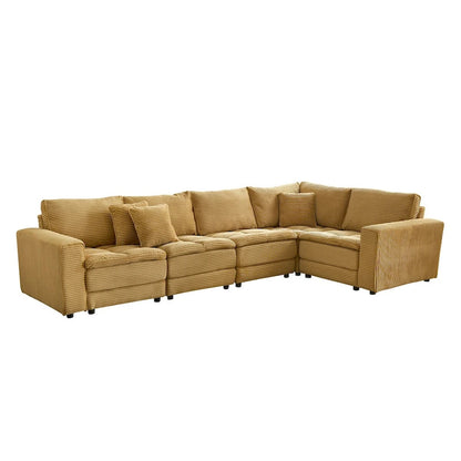 5-Seat Oversized Sectional Sofa, Yellow Corduroy, Convertible Sleeper Couch