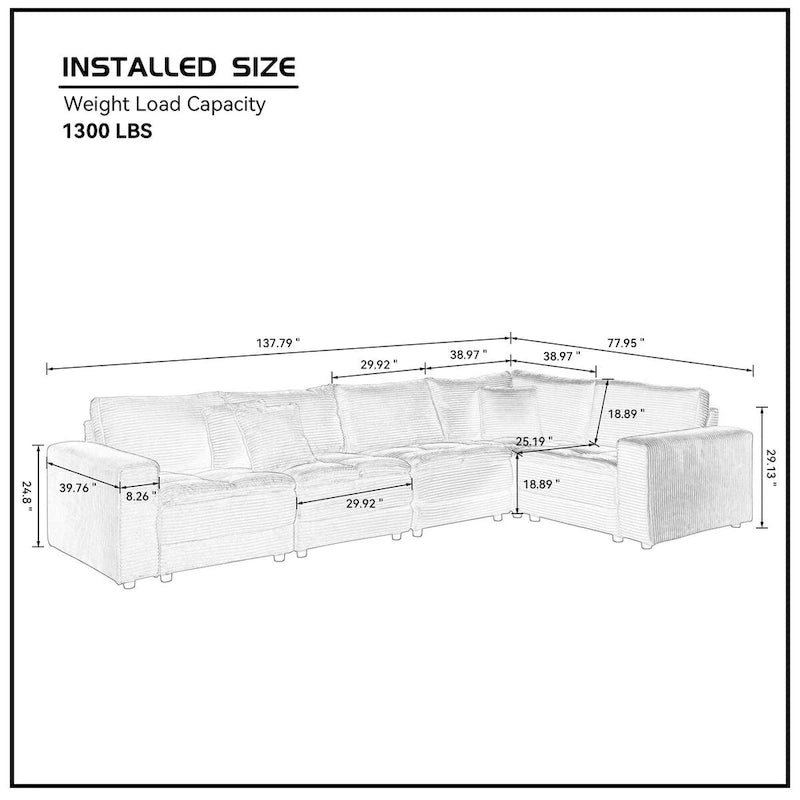 5-Seat Oversized Sectional Sofa, Yellow Corduroy, Convertible Sleeper Couch