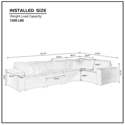5-Seat Oversized Sectional Sofa, Yellow Corduroy, Convertible Sleeper Couch