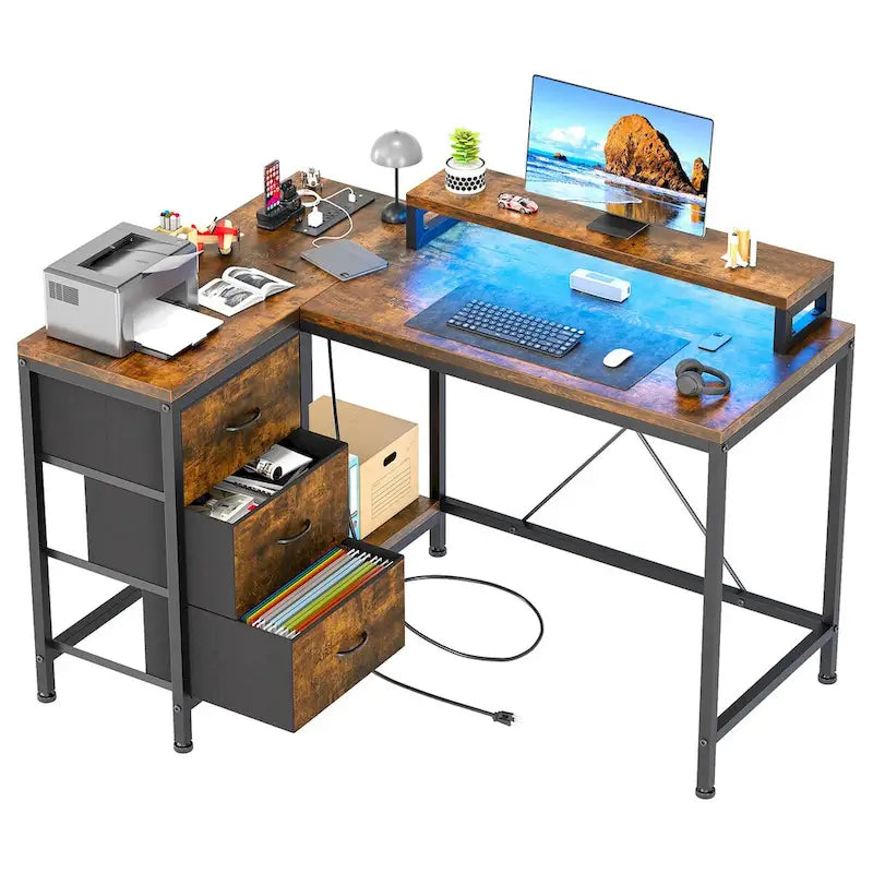GIMMYFIVE L Shaped Gaming Desk with Power Outlets & LED Lights