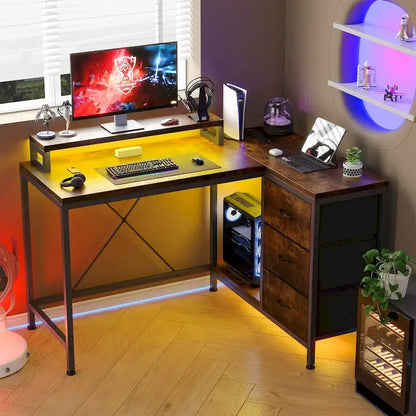 GIMMYFIVE L Shaped Gaming Desk with Power Outlets & LED Lights
