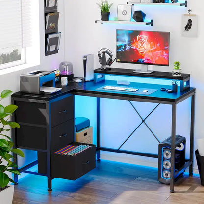 GIMMYFIVE L Shaped Gaming Desk with Power Outlets & LED Lights