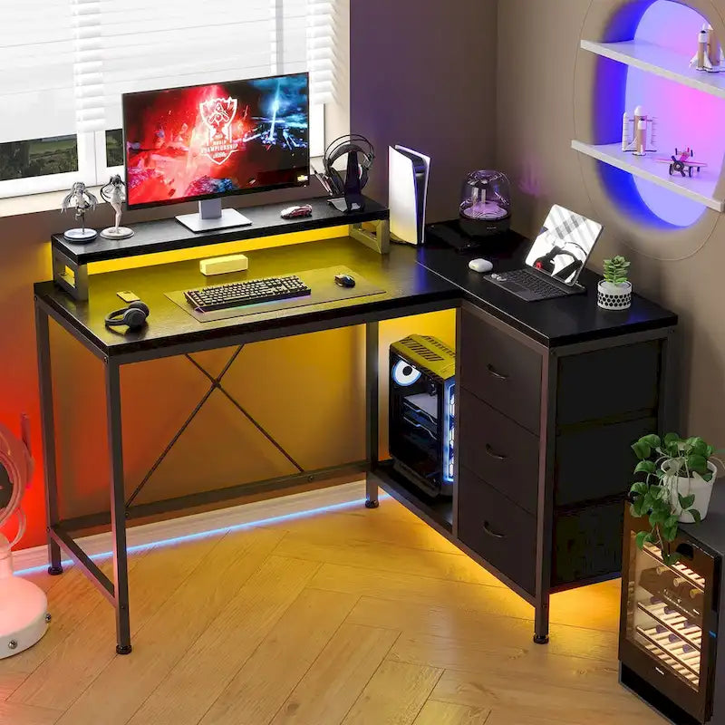 GIMMYFIVE L Shaped Gaming Desk with Power Outlets & LED Lights