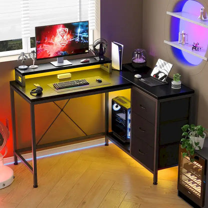 GIMMYFIVE L Shaped Gaming Desk with Power Outlets & LED Lights