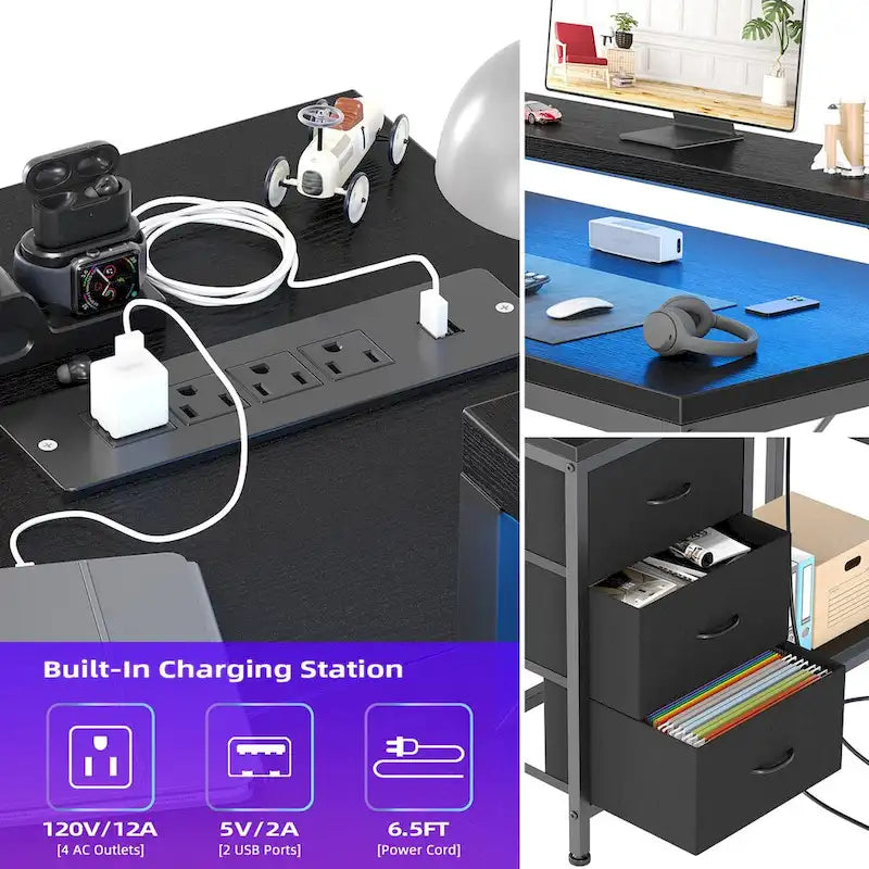 GIMMYFIVE L Shaped Gaming Desk with Power Outlets & LED Lights