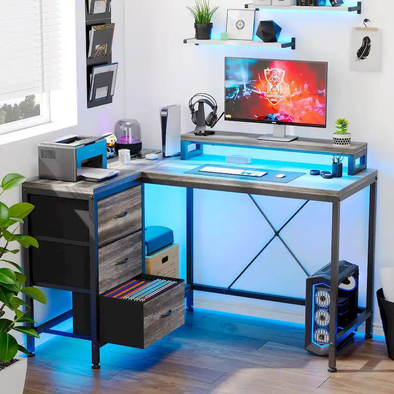 GIMMYFIVE L Shaped Gaming Desk with Power Outlets & LED Lights