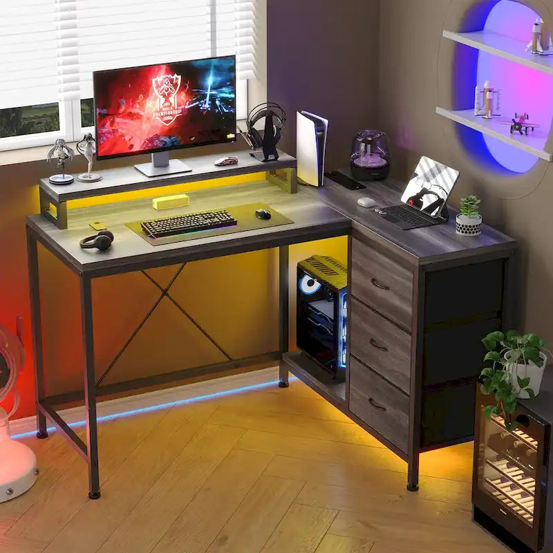 GIMMYFIVE L Shaped Gaming Desk with Power Outlets & LED Lights