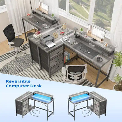 GIMMYFIVE L Shaped Gaming Desk with Power Outlets & LED Lights