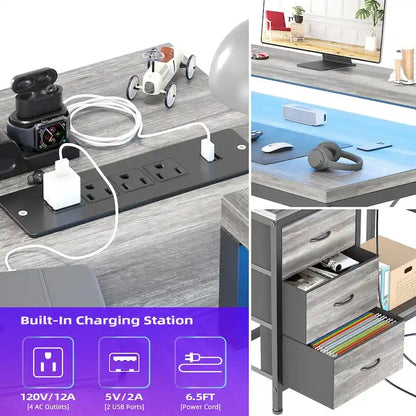 GIMMYFIVE L Shaped Gaming Desk with Power Outlets & LED Lights