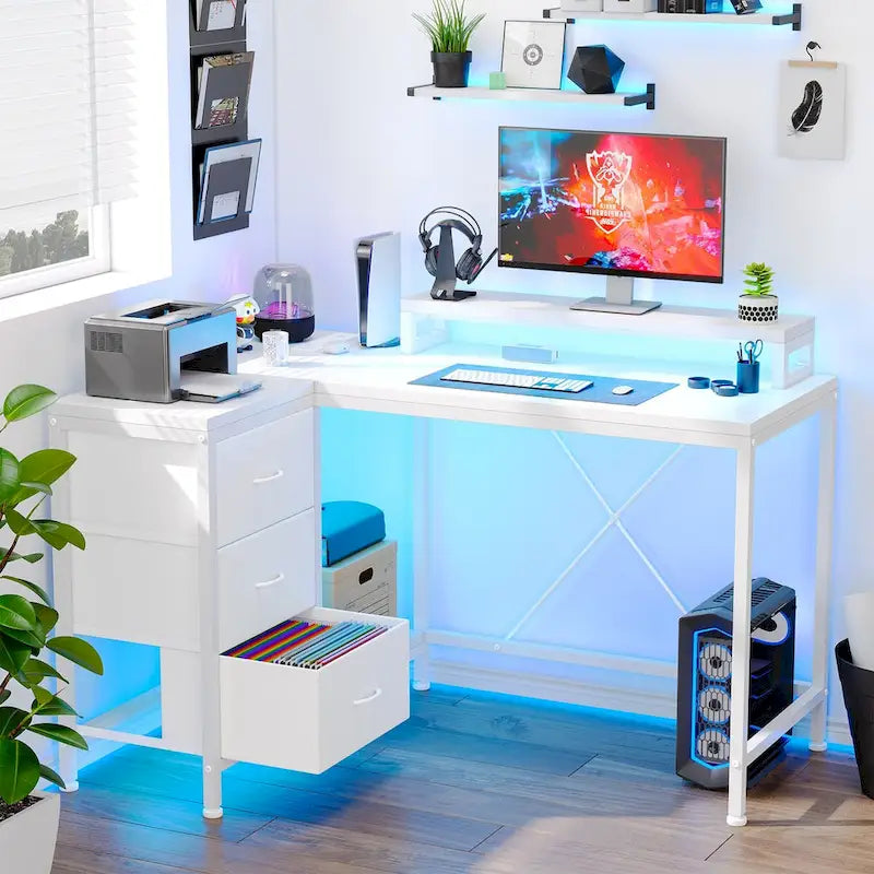 GIMMYFIVE L Shaped Gaming Desk with Power Outlets & LED Lights