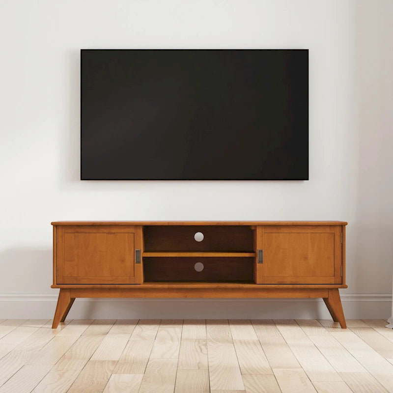 WYNDENHALL Tierney SOLID HARDWOOD 72 inch Wide Modern TV Media Stand in Teak Brown For TVs up to 80 inches